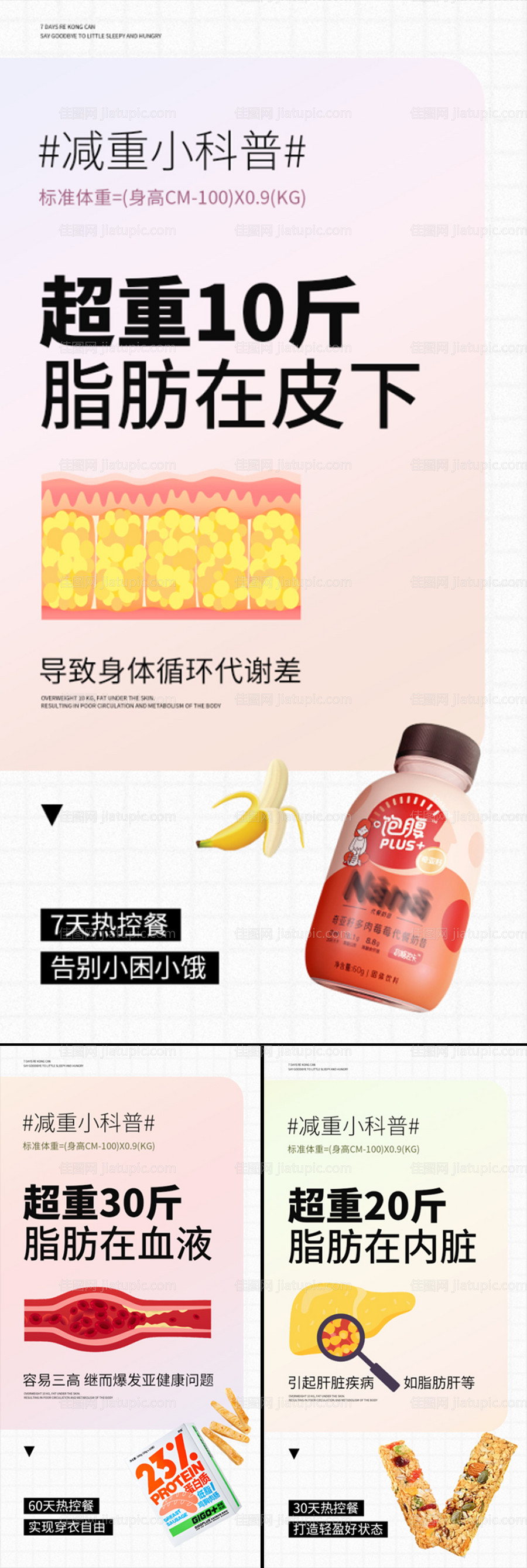 肥胖危害减肥奶昔鸡肉代餐棒圈图海报-源文件