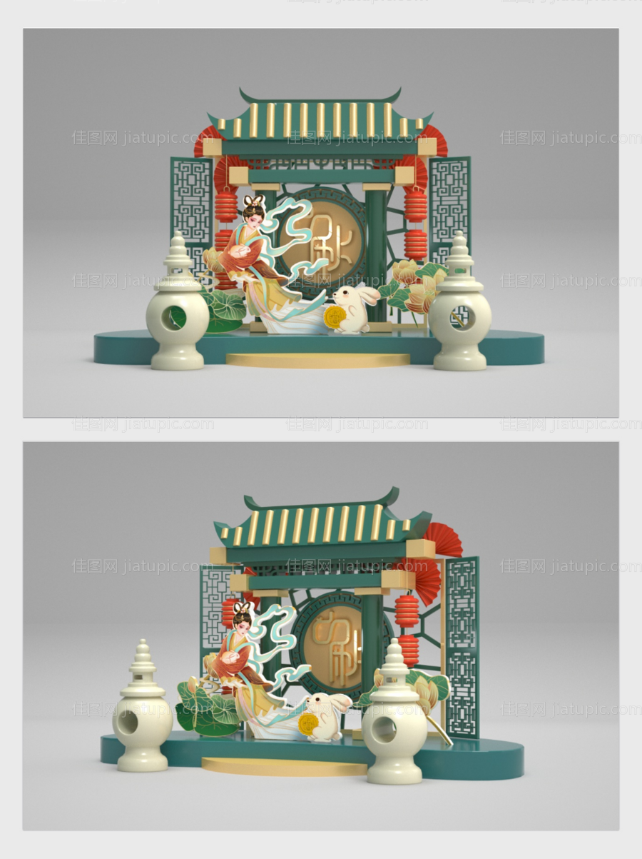 绿色国潮风中秋节美陈设计-源文件