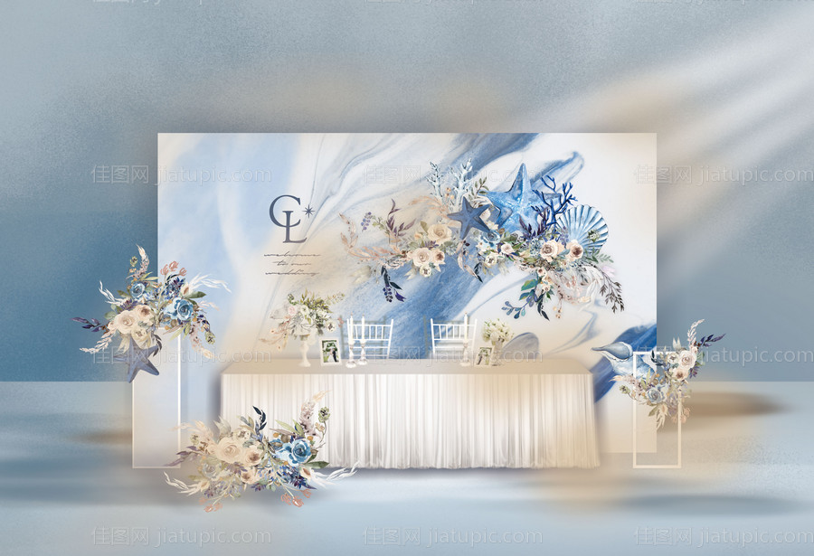 简约清新蓝色海洋风格婚礼签到效果图-源文件