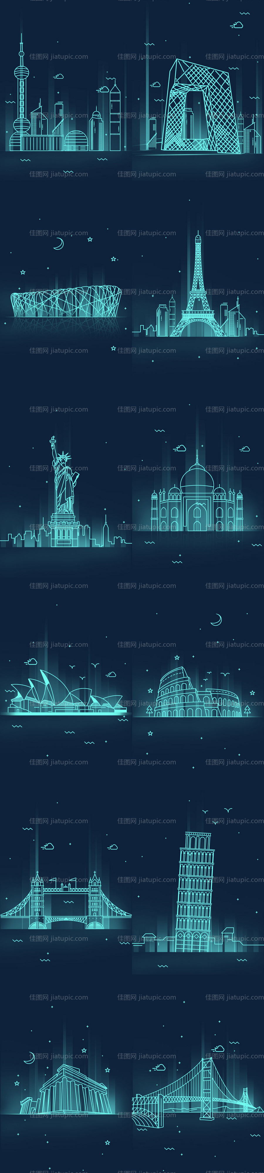 著名世界建筑线条画素材-源文件